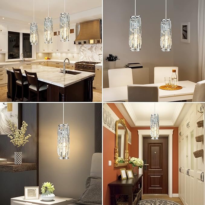 Pendant Lights Modern Chrome Pendant Light Mini Crystal Chandelier Pendant Lighting for Kitchen Island Dinning Room Bedroom Kitchen Sink Lighting (Chrome 3-Pack)