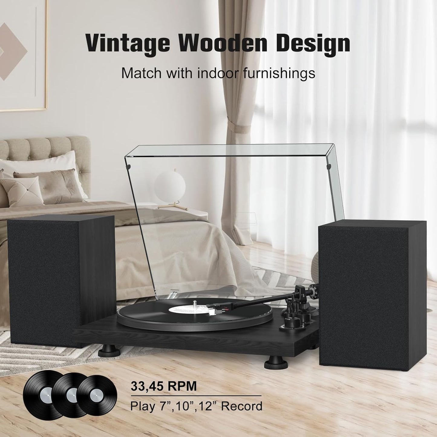 Udreamer Vinyl Record Player, Turntable with 40W Speakers, Bluetooth Input Output and USB Record, Vintage LP Player with AT-3600L Cartridge, Built-in Phono Preamp, Counterweight and Pitch, Black