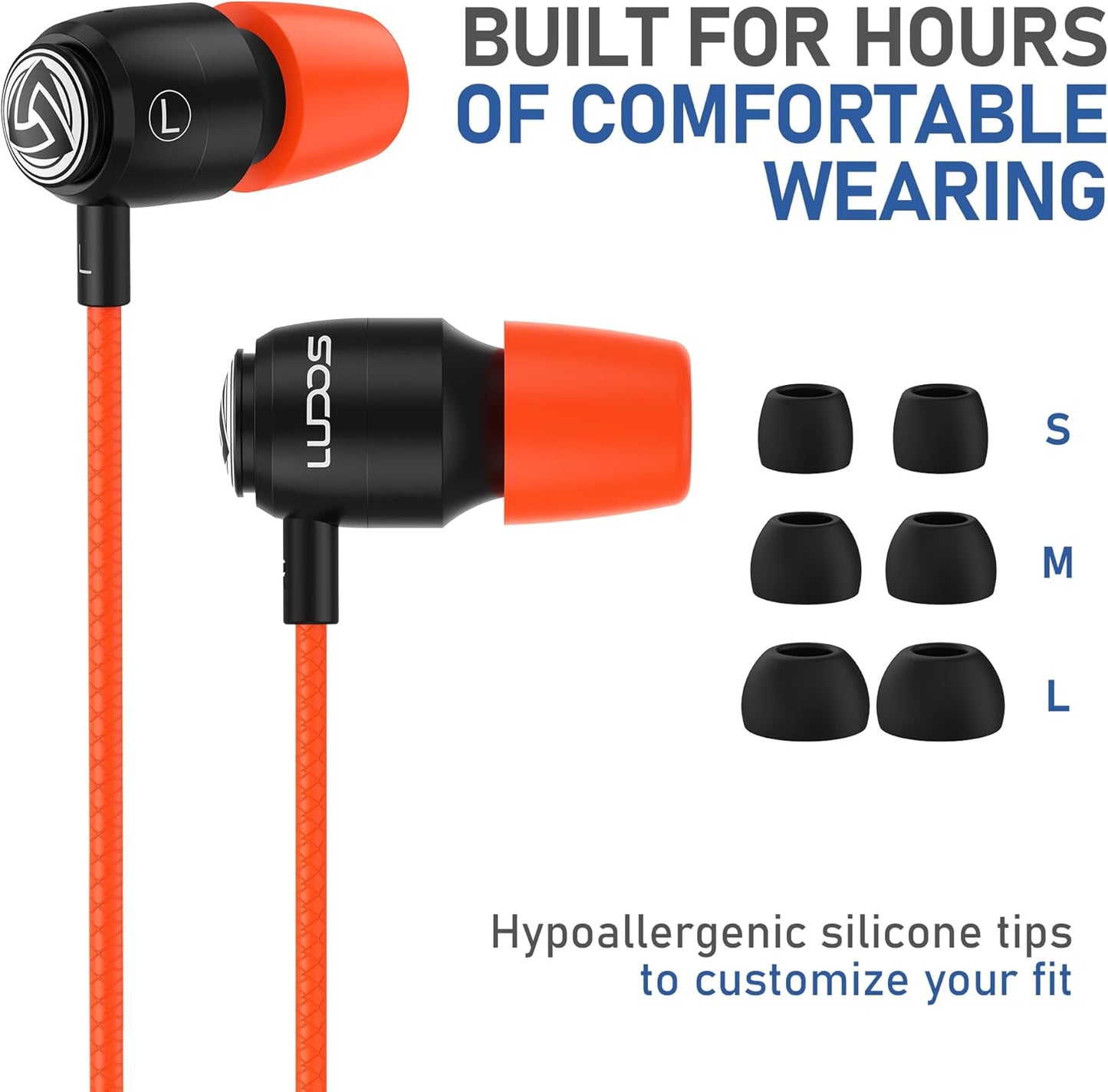 LUDOS Clamor Wired Earbuds in-Ear Headphones, 5 Years Warranty, Earphones with Microphone, Noise Isolating Ear Buds, Memory Foam for iPhone, Samsung, School Students, Kids, Women, Small Ears - Coral