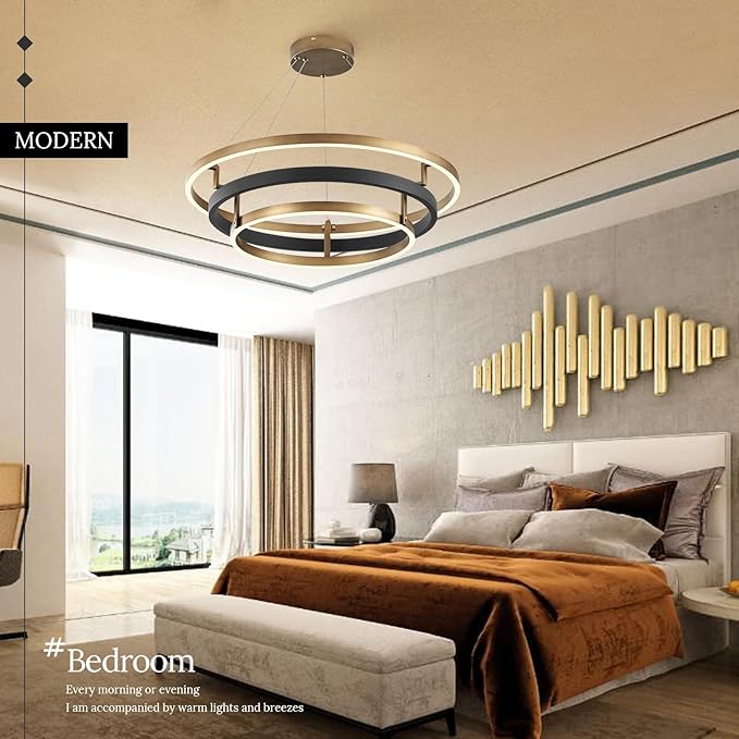 3 Ring LED Chandelier Black Gold Chandelier Light Fixture Dimmable Round Foyer Chandeliers Modern Circular Chandeliers Light for Dining Room Entry Bedroom Office Living Room 24in
