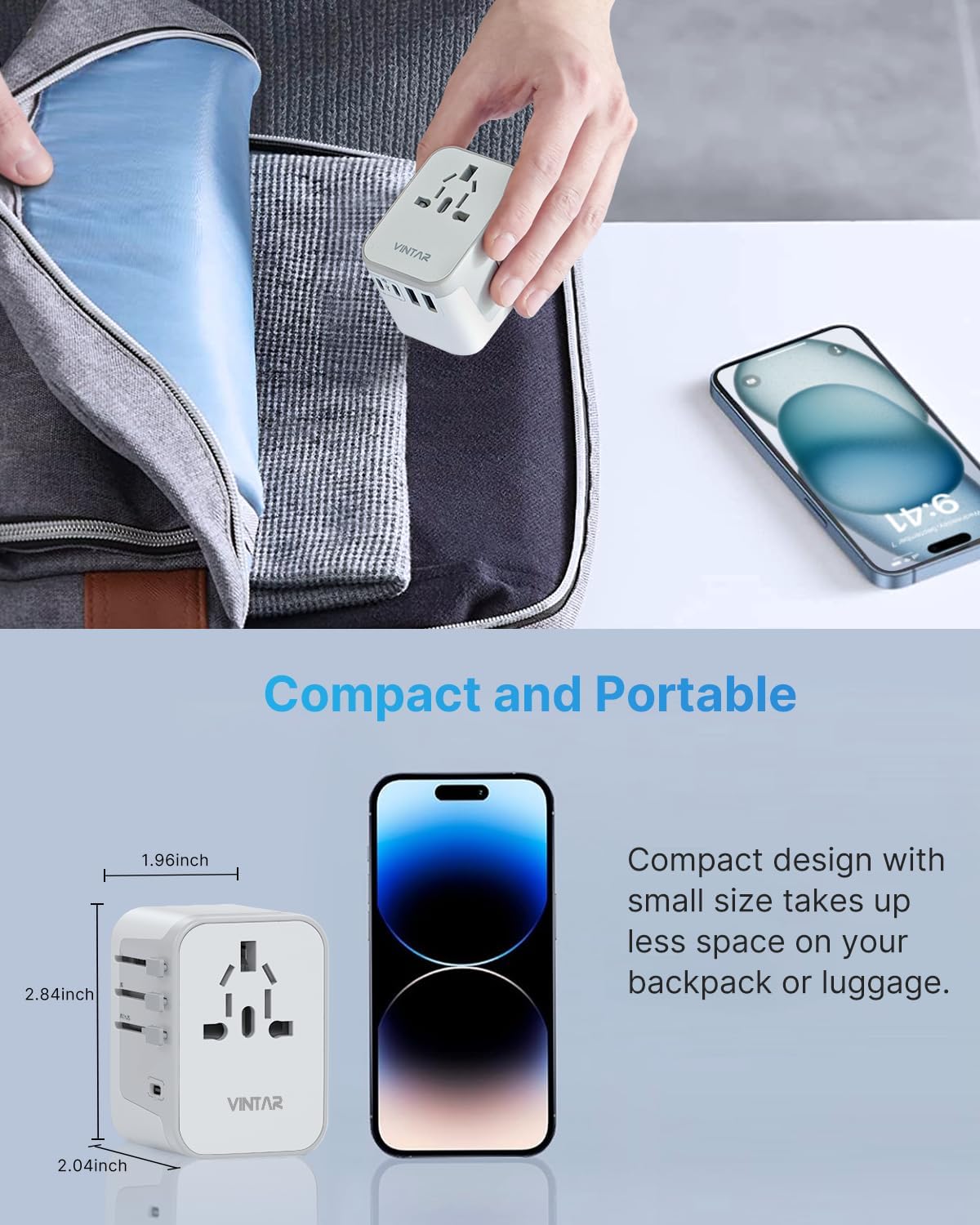 Universal Travel Adapter, VINTAR International Power Adapter with 6A 3 USB C and 2 USB Ports, All in One Travel Essentials Plug Adapter, Worldwide Outlet Converter for Europe UK AUS USA(Type A/C/G/I)