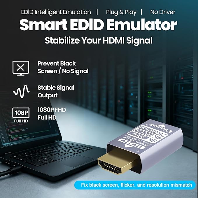EVanlak Hdmi Passthrough Edid Emulator Adapter Dummy Plug Virtual Monitor Headless Ghost Display Adapter-1080P60hz to 8K30Hz-1pack