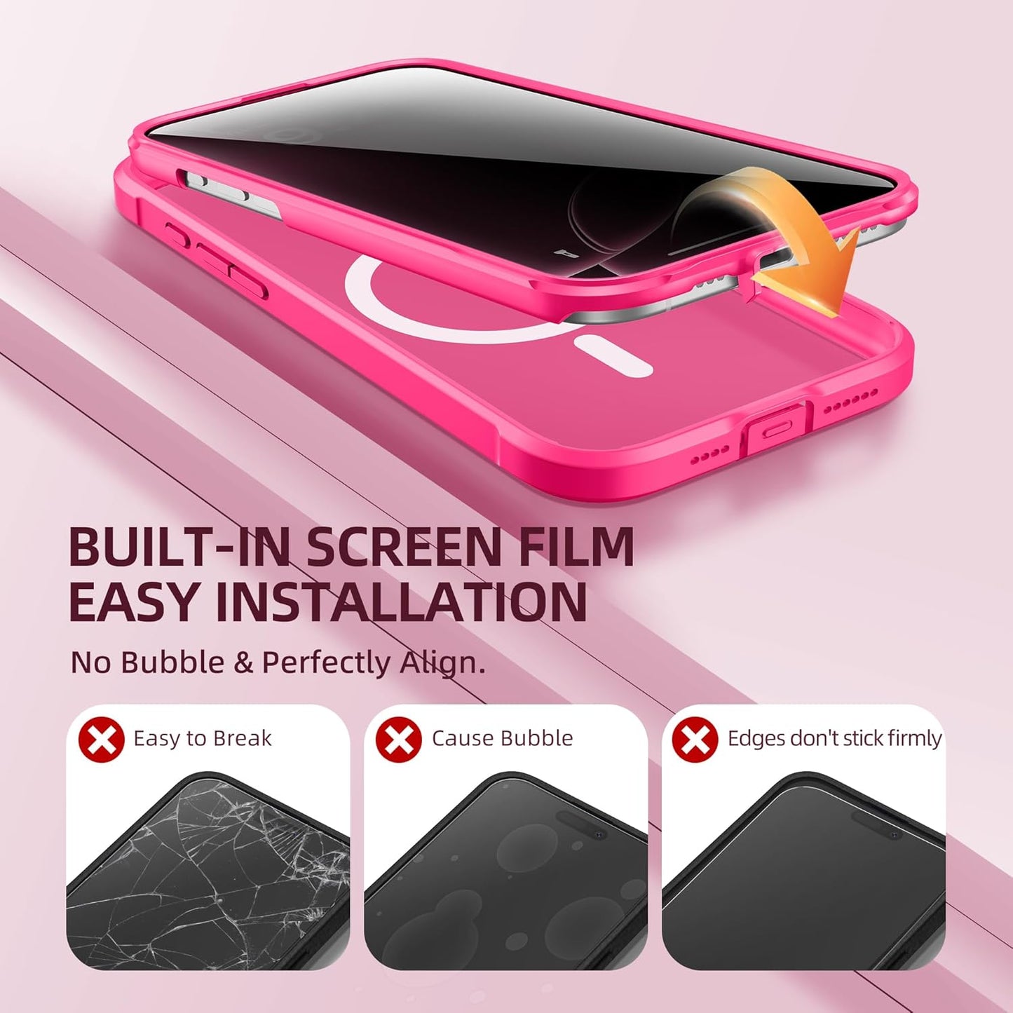 BERFY Magnetic for iPhone 16 Pro Case, Compatible with MagSafe, Built-in Privacy Screen Protector and Upgraded Camera Protection, Anti-Spy Full Body Shockproof Phone Case for 16 Pro 6.3", Hot Pink