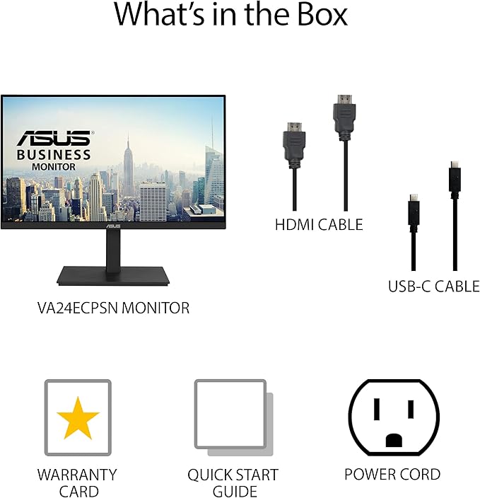 ASUS 23.8” 1080P Docking Monitor (VA24ECPSN) - Full HD, IPS, 75Hz, Adaptive-Sync, Speakers, Eye Care, Low Blue Light, Flicker Free, USB-C, RJ45, HDMI, Frameless, Height Adjustment, VESA Wall Mountable