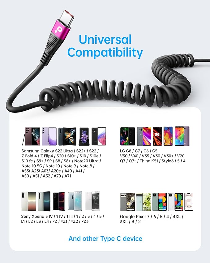 Coiled USB A to USB C Cable for Car, 3FT/5FT USB C Cable Fast Charging, USB Type C Charging Cord Compatible with iPhone 17/16/15 Pro Max/Samsung Galaxy S20 S10 and More USB C Devices-Rose Red