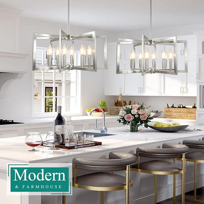 8-Light Brushed Nickel Chandelier, Farmhouse Dining Room Light Fixture, Modern Chandelier, Geometric Industrial Metal Hang Lighting Fixture for Foyer Entryway Kitchen Over Table Hallway Living Room