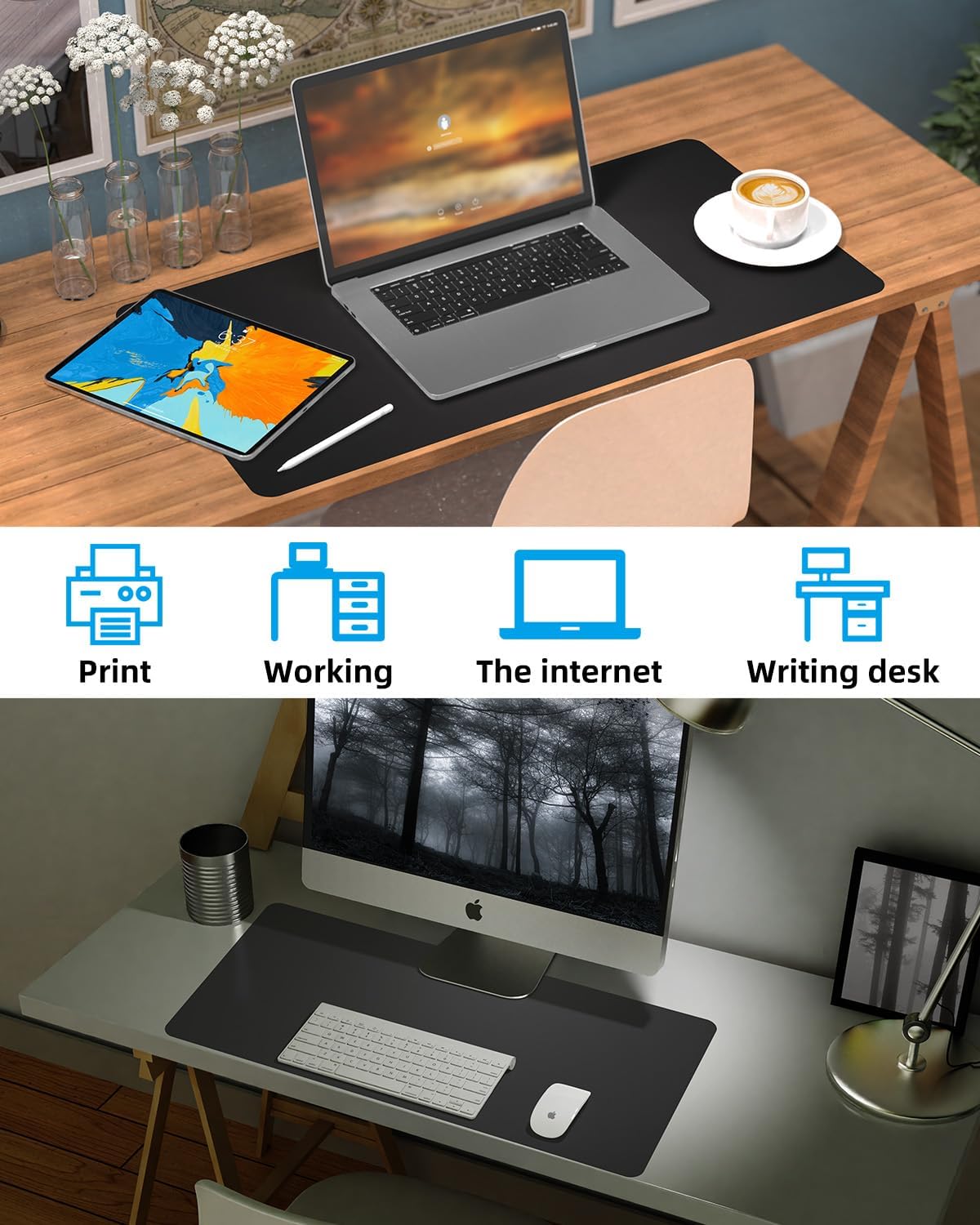 Leather Desk Pad Protector, Mouse pad,Office Desk mat,Computer and Laptop Mat, Non-Slip PU Leather Desk Blotter, Desktop Protector and Cover for Keyboard and Mouse(35.4"x17"Black)