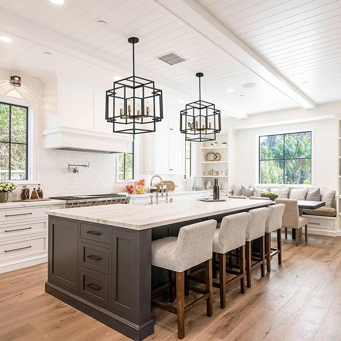 16.5" Farmhouse Chandelier, 4-Light Industrial Ceiling Pendant Light Fixture, Modern Foyer Lighting Fixtures, Dining Room Light Fixtures Over Table, Black and Gold Pendant Lights for Kitchen Island
