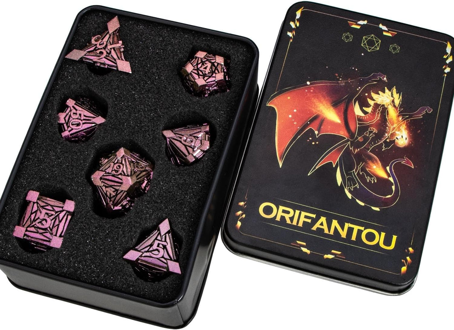 7PCS Metal DND Dice Set with Box, Debris RPG Purple Red D and D Dice for use with D&D Tabletop Games Role Playing Game Polyhedral Dice Set D20 D12 D10 D8 D6 D4