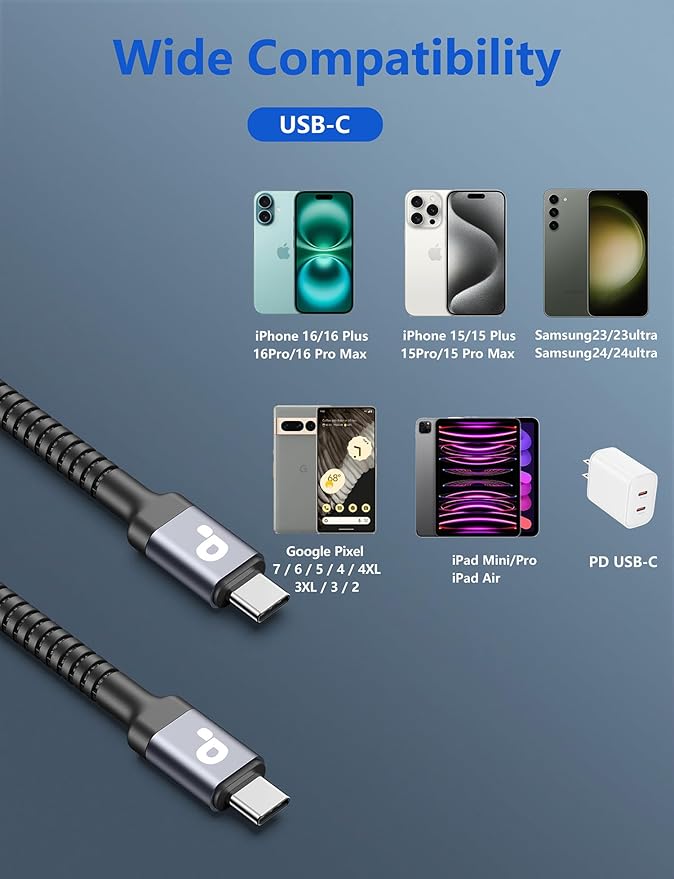 USB C to C Cable 1FT, 2Pack USB C Cable, Long Type C Fast Charging Cable Nylon Braided USBC Charger Cord Compatible with iPhone 17/16/15/Pro/Plus/Pro Max/Samsung Galaxy S23/LG and More