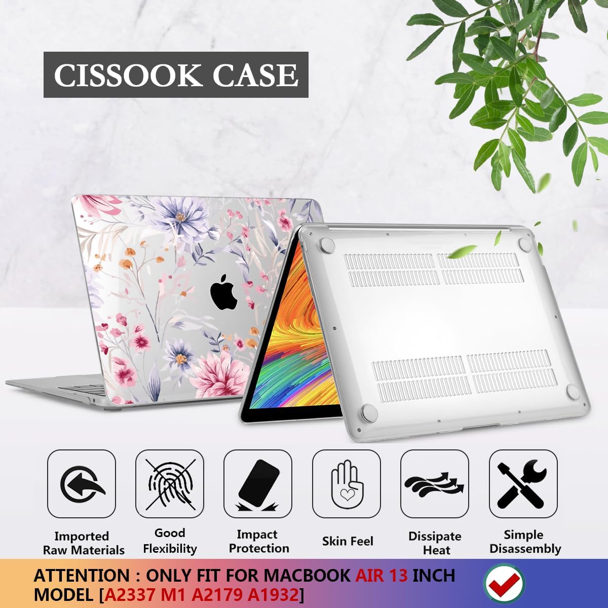 CISSOOK Flower Case for MacBook Air 13 Inch A2337 M1 A2179 A1932 Model 2021-2018 Released, Plastic Floral Cover with Keyboard Cover Protector for MacBook Air 13 with Touch ID,Flowers Watercolor