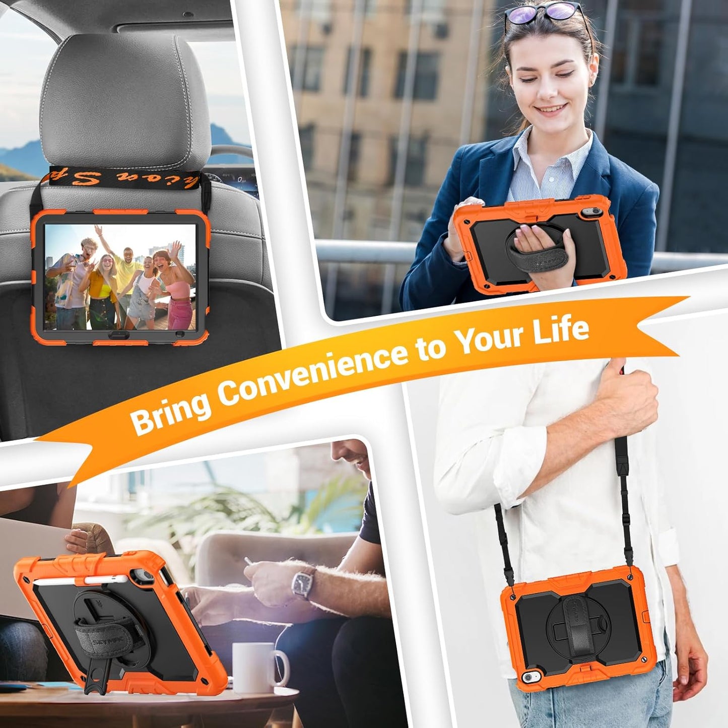 SEYMAC for iPad (A16) 11th/10th Generation Case 2025/2022 (11″/10.9″), Sturdy Heavy Duty Full-Body Shockproof Protective Case with Screen Protector, Rotating Stand, Hand/Shoulder Strap, Black/Orange