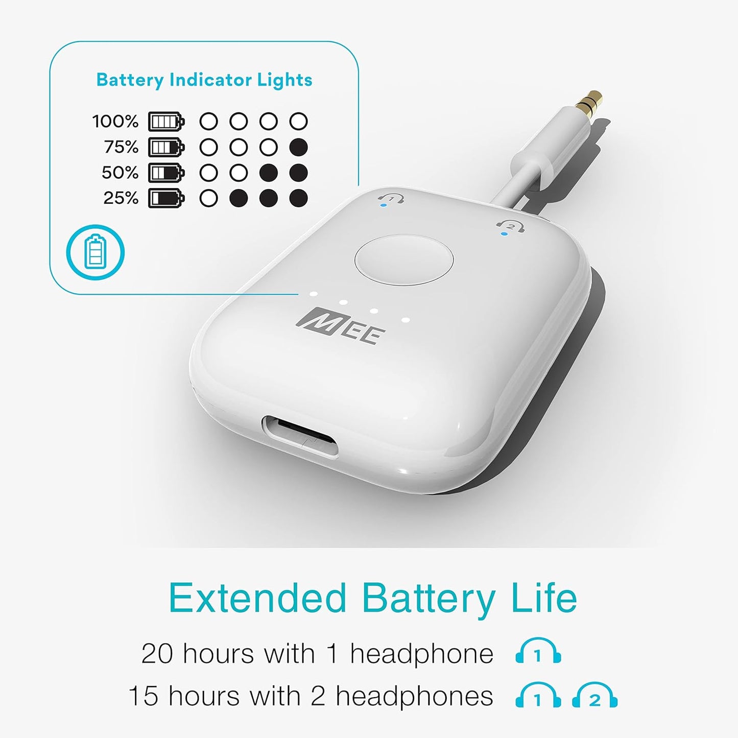 MEE audio Connect Air in-Flight Bluetooth Wireless Audio Transmitter, with Extra Dual 3.5mm Jack AUX Adapter, for up to 2 AirPods/Other Headphones; Works with All 3.5mm Aux Jacks, White