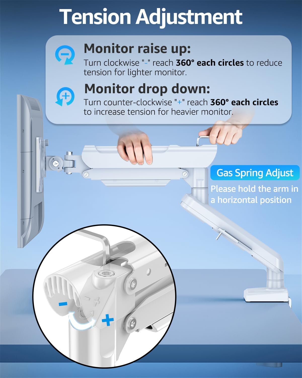 Single Monitor Mount for 22 24 27 32 inch Screen, Gas Spring Arm Holds 4.4-22 lbs, Monitor Desk Mount, Gaming & Home Office Use, VESA 75x75mm & 100x100mm, Freelift Pro White