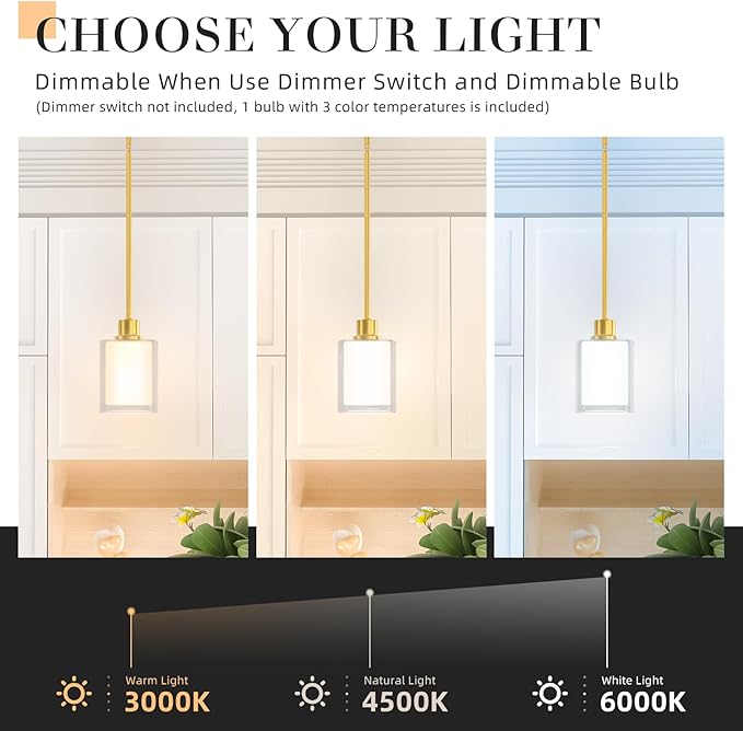 Pendant Light Kitchen Island Lighting, Height Adjuatable Rod Clear Dual Glass - with 3 Color Temperatures Bulb & Remote Control, Farmhouse Hanging Lighting Fixture for Dining Room Bedroom, 1 Pack