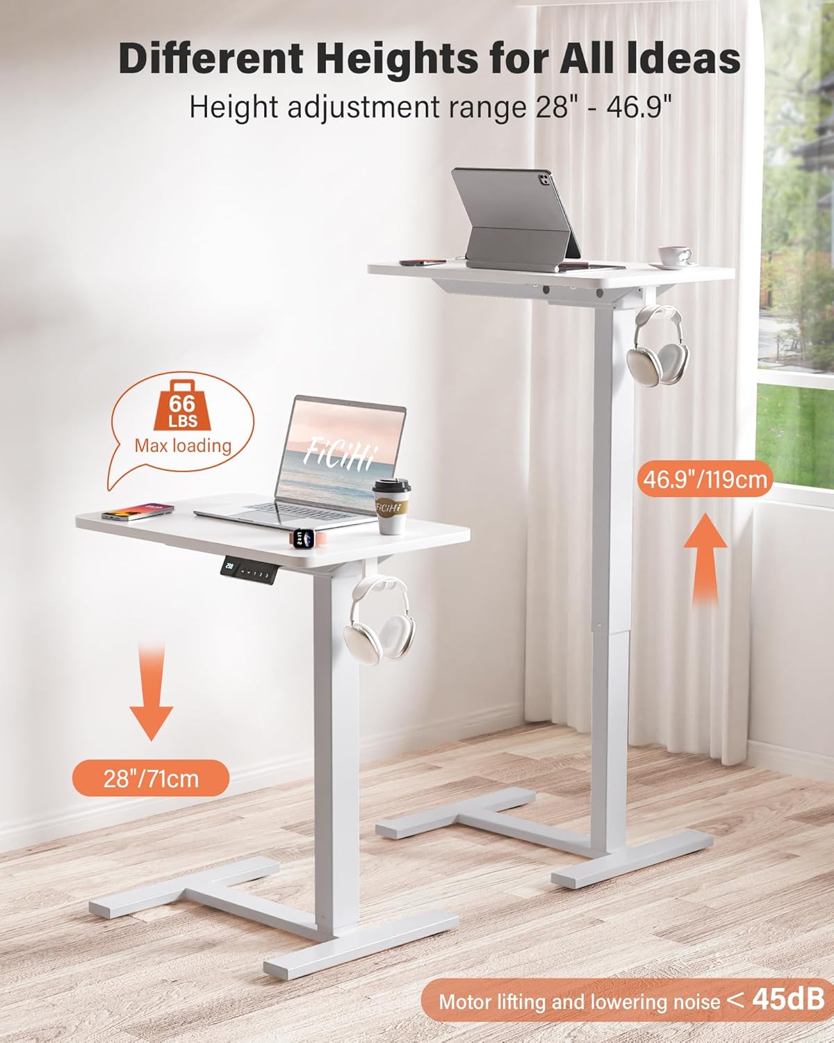 Small Mobile Standing Desk with Wheels, Electric Height Adjustable Portable Rolling Computer Cart, Movable Sit Stand Laptop Table for Sofa, Bedside, Home Office Workstation (27.6", White)