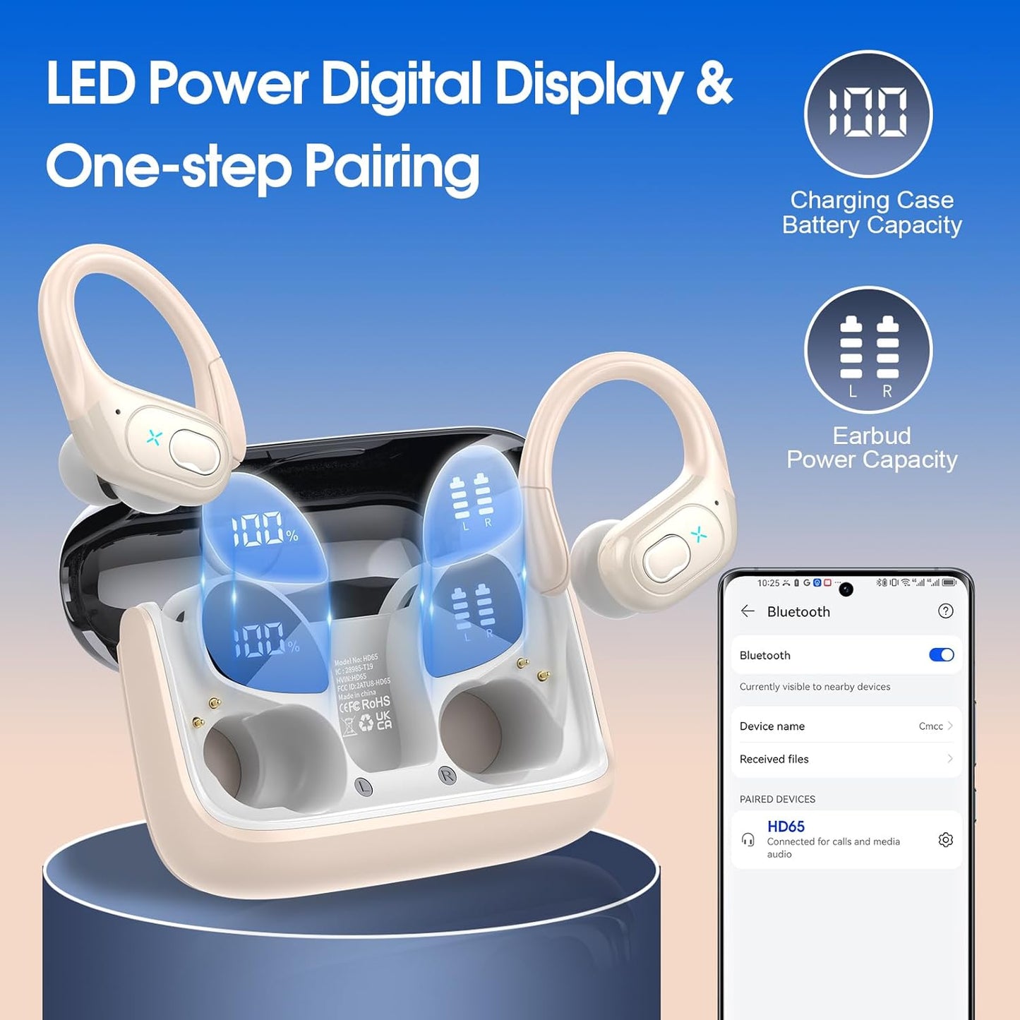 Wireless Earbuds 75hrs Bluetooth 5.4 Headphone Sport, 2025 Bluetooth Earbuds Stereo Deep Bass Over Ear Bud with Earhooks, ENC Noise Cancelling Mic, IPX7 Waterproof Earphone, Camel