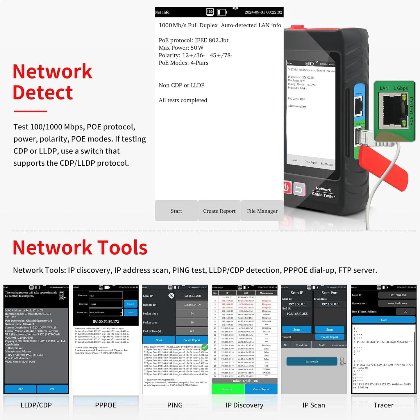 Multifunction RJ45 Network Caber Tester, 4" IPS Touch Screen UTP Cable Tester,Rechargeable Ethernet Cable Tracer,Support Network Tools, POE++ Detect,Cable Length Meter,RJ45 TDR Test, NCV,PD Power,FTP