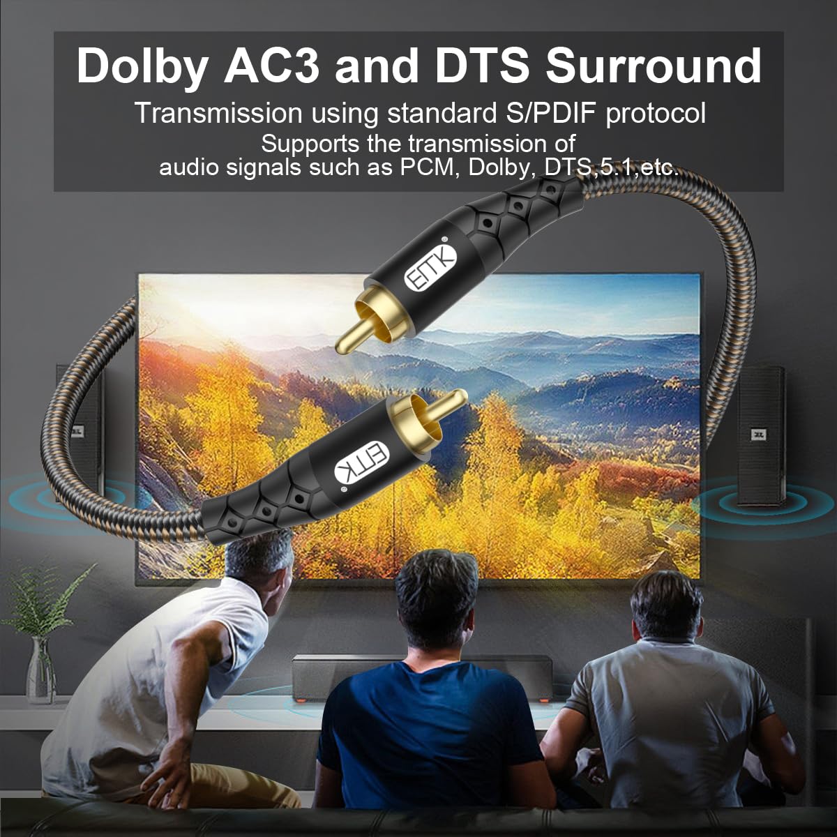 EMK RCA to RCA Subwoofer Cable – 24K Gold-Plated Connector Nylon Braided Double Shielded Audio Cable Digital&Analog Signal Support for Amplifiers Subwoofer Home Theater Hi-Fi Systems Black/50ft/15m