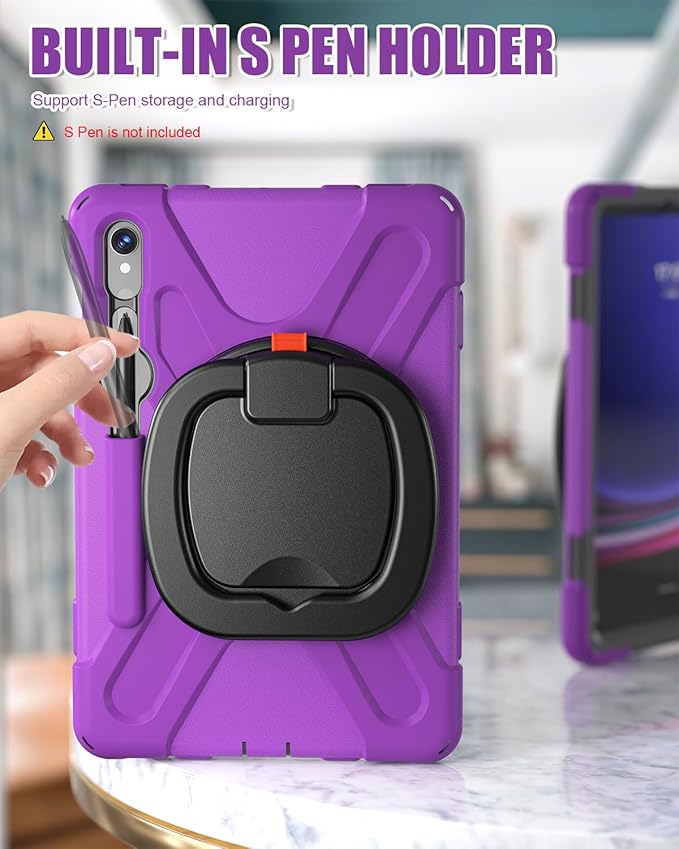BRAECN Rugged Case for Samsung Galaxy Tab S10 Lite/S10 FE 2025 & S9 FE/S9/S8/S7 10.9/11 Inch | Shockproof Protective Silicone Cover with Rotating Stand, Kickstand, Shoulder Strap & Pen Holder, Purple