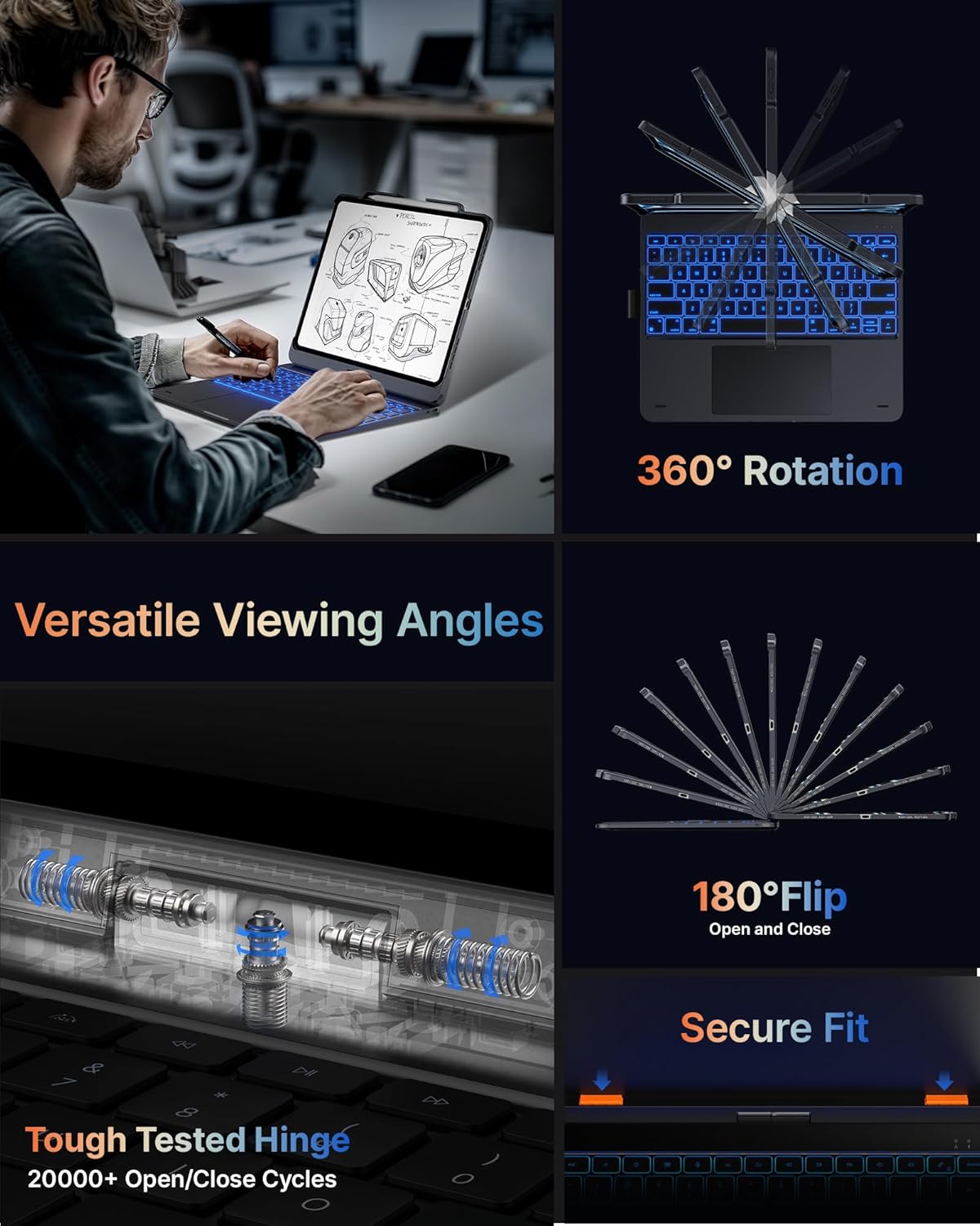 typecase Touch Case with Keyboard for iPad Pro 13-inch(M4, 2024), iPad Air 13-inch(M3, 2025/M2, 2024) & iPad Pro 12.9(6th/5th/4th/3rd Gen), Trackpad, 360° Rotatable, 11-Colors Backlit, Midnight Gray