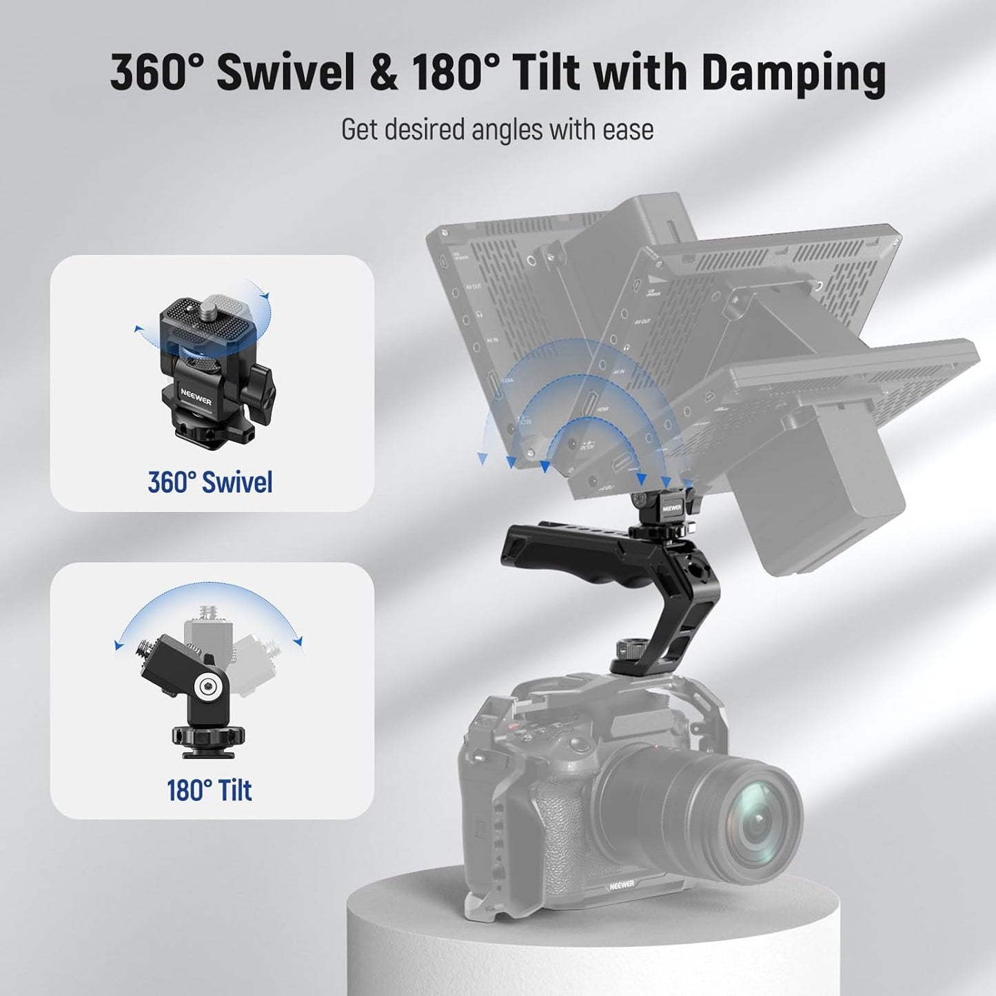 NEEWER Universal Camera Cage with Top Handle & Cold Shoe Monitor Mount, Arca Type Camera Gimbal Stabilizer Video Rig, Dual Handgrips & 3/8" for ARRI Compatible with SmallRig Accessories, CA016T+MA006