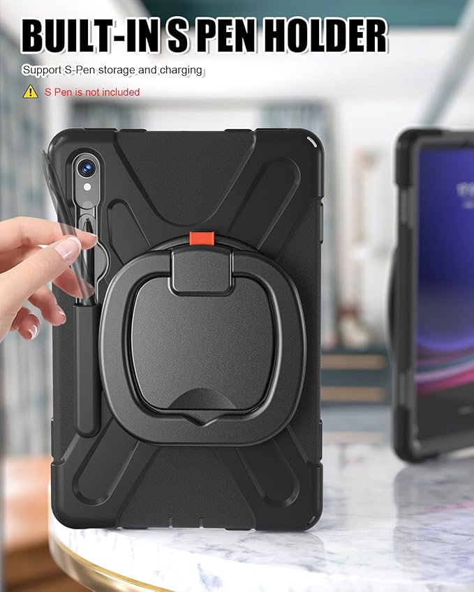 BRAECN Rugged Case for Samsung Galaxy Tab S10 Lite/S10 FE/S9 FE 10.9" & S9/S8/S7 11" SM-X400/X520/X510/X710 | Heavy Duty Shockproof Silicone Cover with Kickstand, Shoulder Strap & S Pen Holder, Black