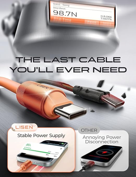 LISEN for iPhone Air 17 Charger Cord USB Cable 10FT, Chubby 100W Soft Silicone USB C to USB C Fast Charging Cable, Long USBC to USBC for iPhone 17 16 15, Samsung S25, MacBook Pro/Air, Orange