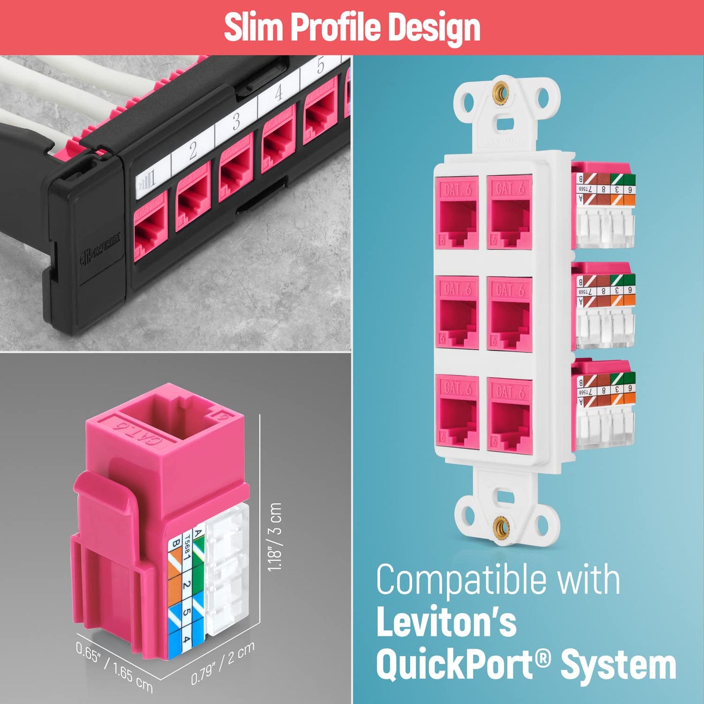 Everest 90° Angled RJ45 Cat6 Keystone Jacks 50-Pack in Pink - Slim Profile Female RJ45 Connectors - Cat 6 Keystone Jack - Compatible with 90° Angled Speed Termination Tool - easyJACK (B094WB91H3)