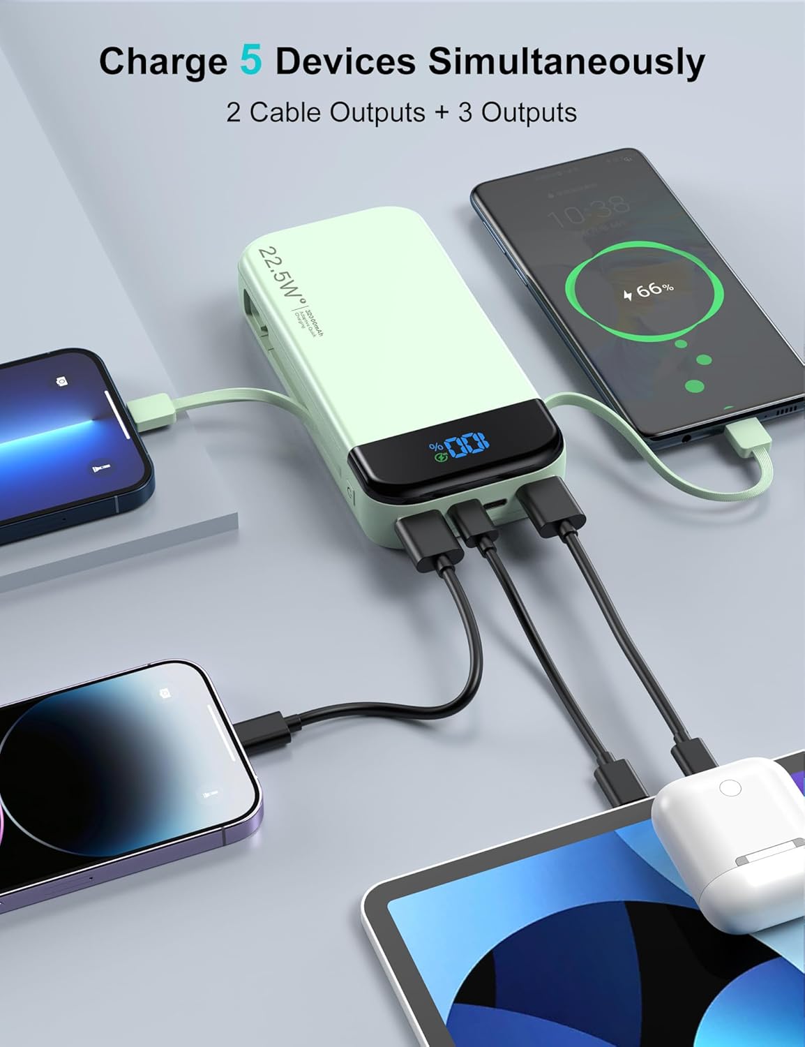 Portable Charger Power Bank 32000mAh with Built in Cables, PD3.0 USB C Fast Phone Charger, 5 Outputs LCD Display Travel Battery Pack Compatible with iPhone, Samsung All Cell Phones (Green)