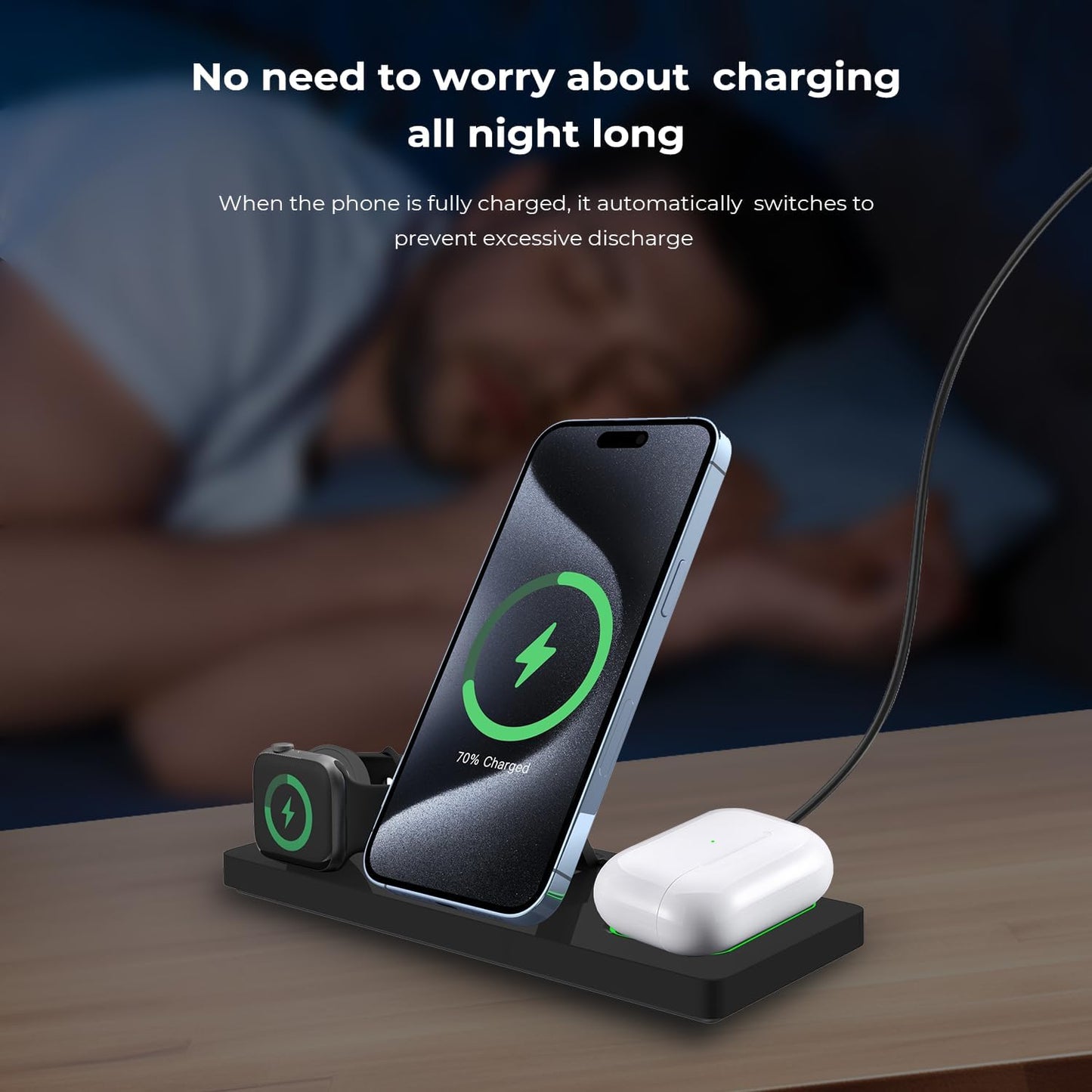 Wireless Charger Station 3 in 1, Fast Charging for iPhone 15/14/13/12 Pro/Max/Mini/Plus, Apple Watch 8/7/6/SE/5/4/3/2, AirPods 3/2/Pro/Pro 2, with Adapter (Black)