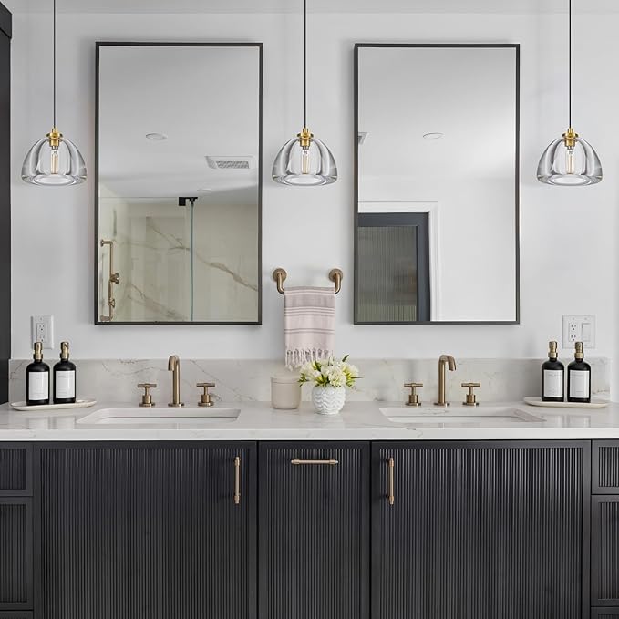 Crystal Pendant Light Kitchen Island: 7" Dimmable Vintage Brass Hanging Lights above Dining Table - Modern K9 Crystals Lighting - Luxury Gold Hemispher Pendants Light Fixtures 3000K E12 Bulbs Included