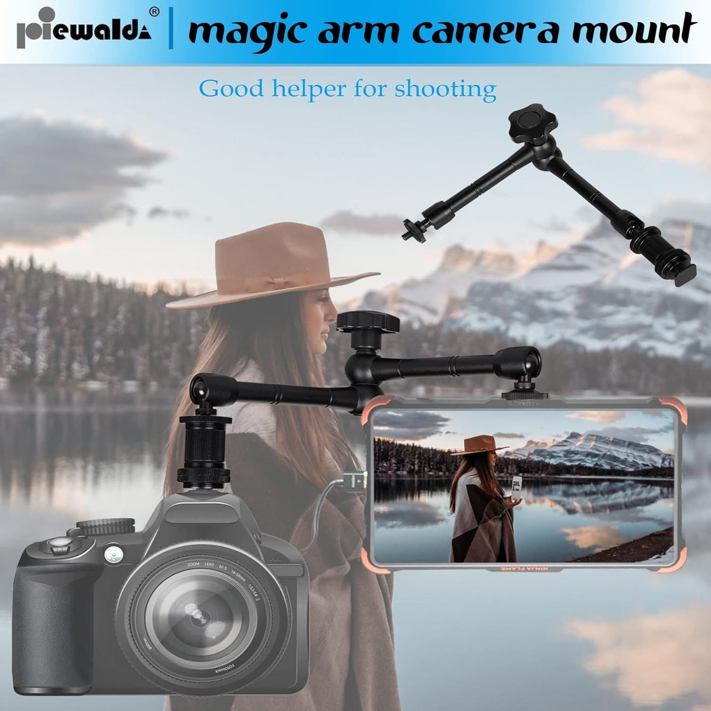 Magic arm Camera Mount ,articulating arm- 11 Inch Metal Adjustable Friction Articulated arm with Super Clamp/Phone Clip, for Various Action Camera/DSLR/LCD Monitor/LED Lights/Cell Phone