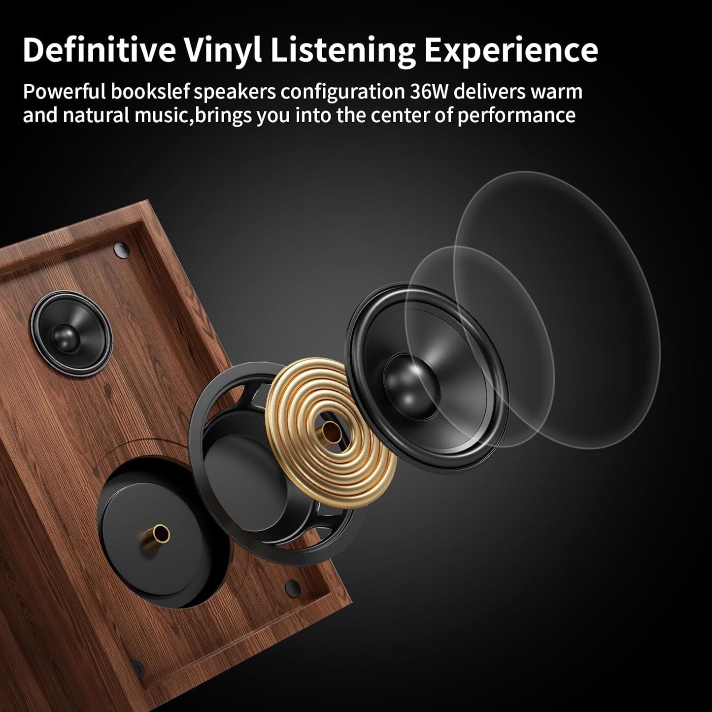Bluetooth Turntable HiFi System with 36 Watt Bookshelf Speakers, Patend Designed Vinyl Record Player with Magnetic Cartridge, Bluetooth Playback and Auto Off