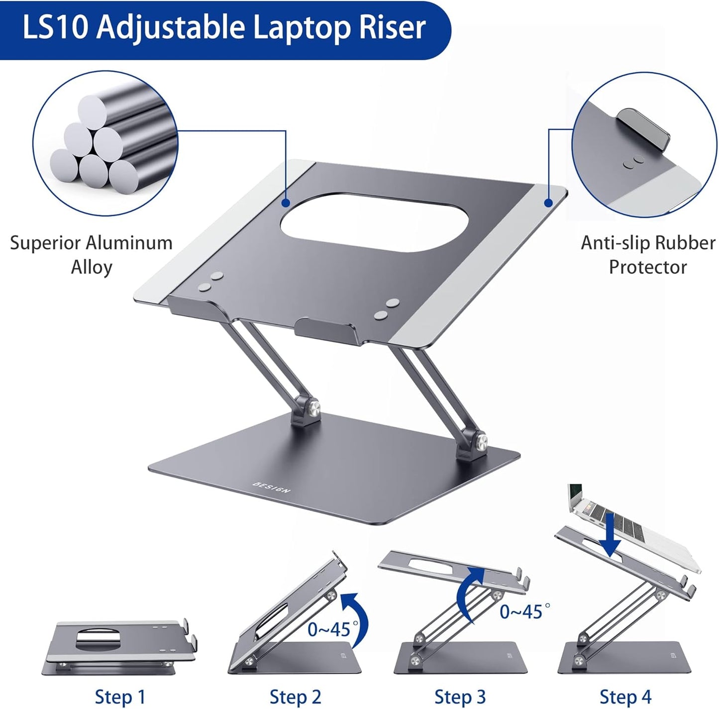 BESIGN LS10 Aluminum Laptop Stand, Ergonomic Adjustable Notebook Stand, Computer Holder Compatible with Air, Pro, Dell, HP, Lenovo More 10-14" Laptops, Space Gray