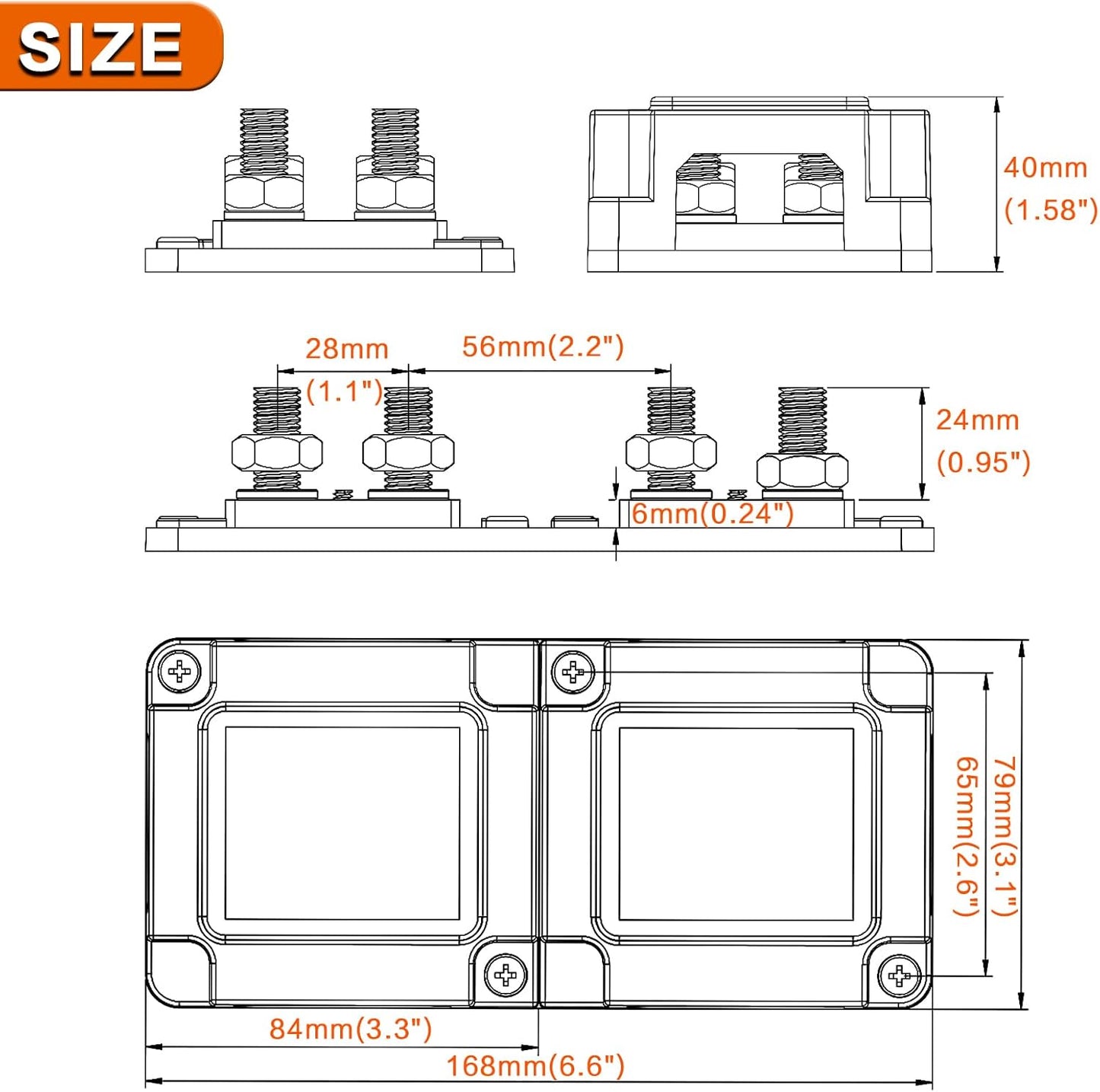 400A Bus Bar 8 M10 (3/8 inch) Terminal Studs Modular Design Tin Plated Copper Distribution Block Positive Pole Electrical Buss Bars 12-48 V DC with Cover for Trailer Marine Boat Car RV