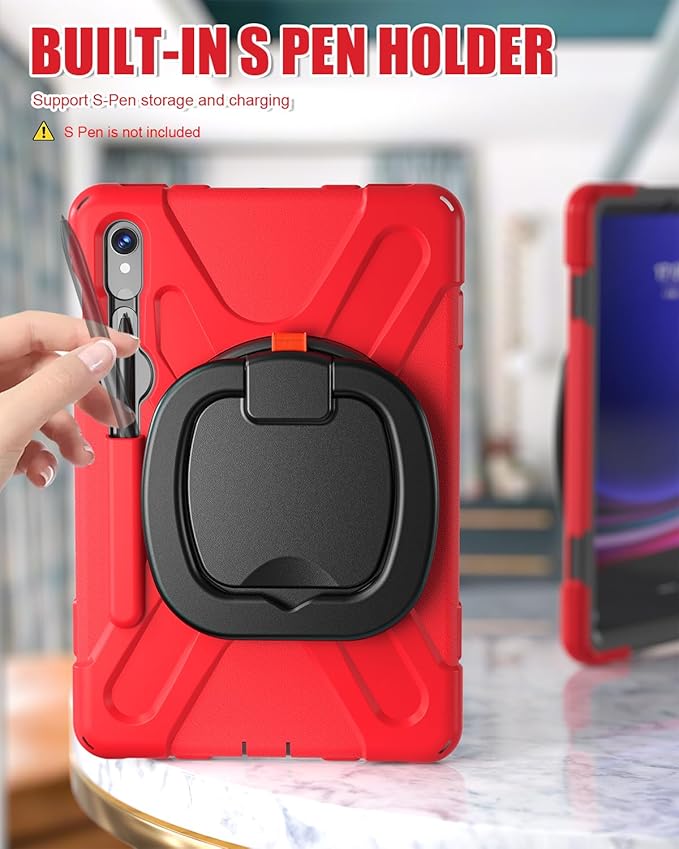 BRAECN Case for Samsung Galaxy Tab S10 Lite/S10 FE 2025 & S9 FE/S9/S8/S7 10.9/11 Inch | Heavy Duty Protective Silicone Cover with Kickstand, Shoulder Strap & S Pen Holder Support S Pen Charging, Red