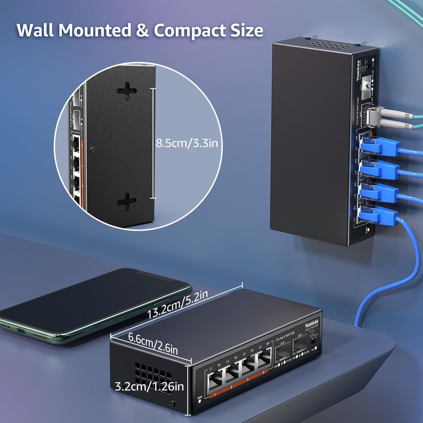 6 Port 2.5G Unmanaged Ethernet Switch, 4 x 2.5G Base-T Ports, 2 x 10G SFP, Compatible with 100/1000/2500Mbps, VLAN, Fanless, Desktop/Wall Mount YuanLey 2.5Gbe Network Switch for Wireless AP, NAS, PC