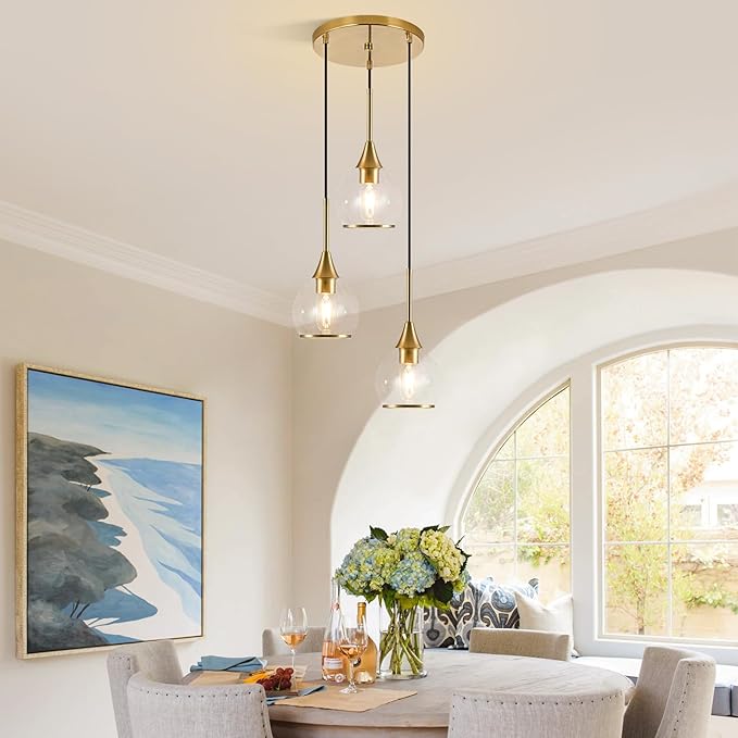 3-Light Island Light for Kitchen, Gold Kitchen Island Hanging Pendant Light, Brushed Gold Dining Room Light Fixture Over Table with Clear Round Glass Shades