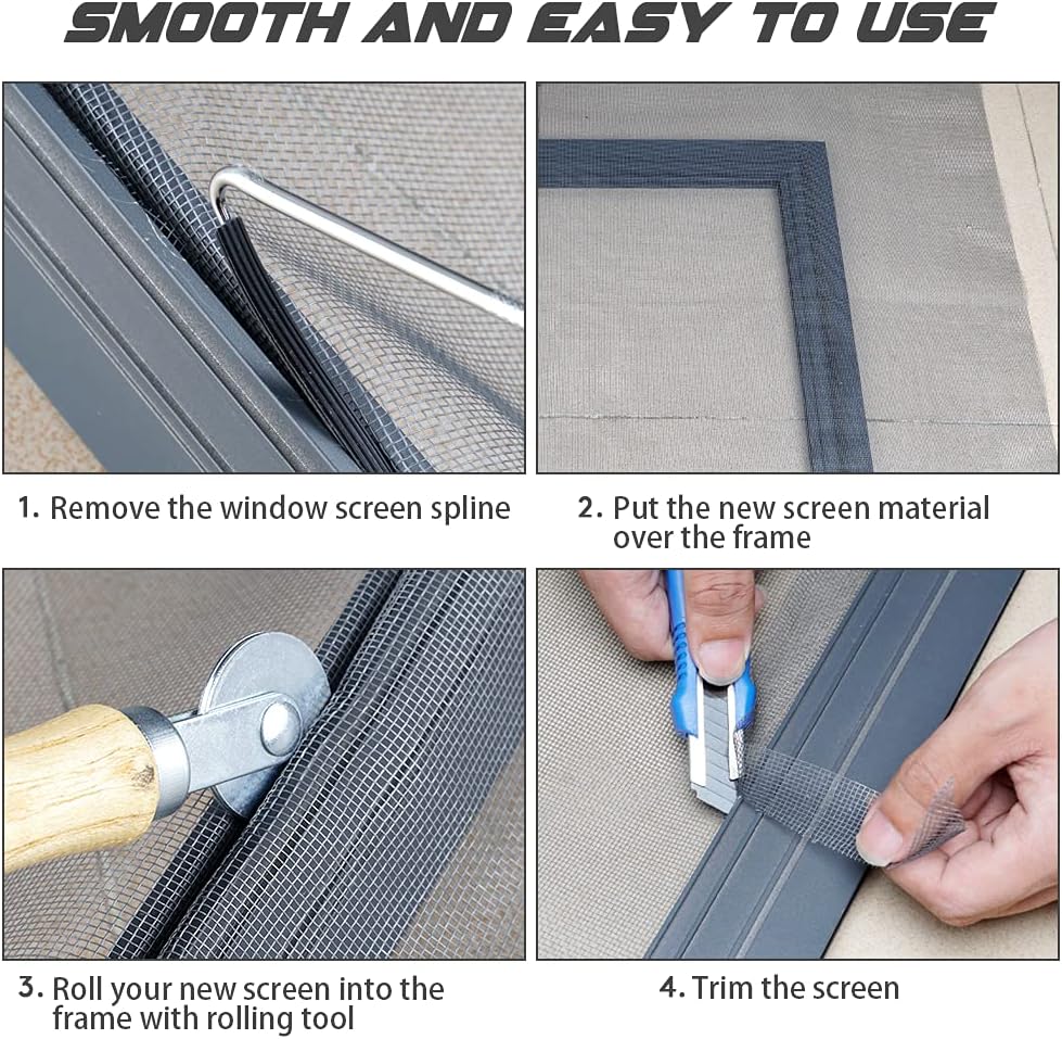Screen Repair Kit Easy DIY Project 59" x 106" Fiberglass Screen Mesh with Rolling Tool and Screen Retainer Spline Screen Replacement kit for Windows Sliding Doors and Patio Screens (59" x 106", Gray)