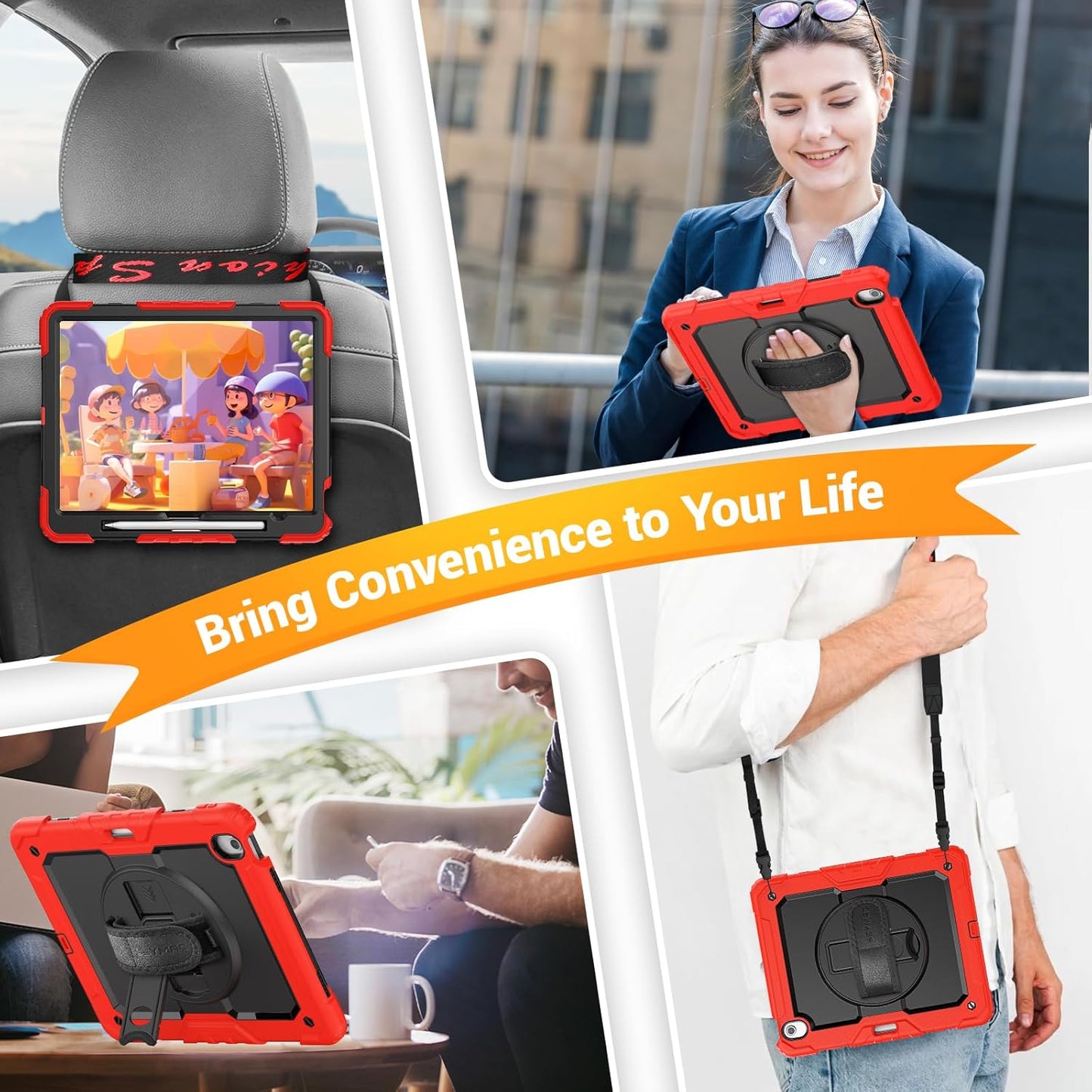 SEYMAC for iPad Air 13 Inch Case M3 2025/ M2 2024, Heavy Duty Shockproof Protective Case with Screen Protector, Rotating Stand, Hand/Shoulder Strap and Pen Holder for iPad Air 13, Red