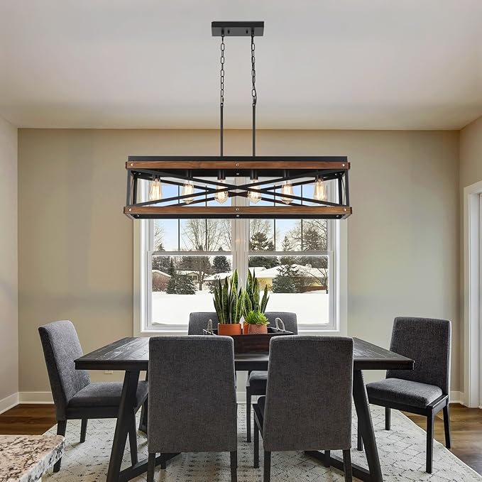 Rustic Farmhouse Wood Kitchen Island Lighting, 6 Lights Rectangular Pendant Light Fixture, Adjustable Chain Oak Wood and Metal Linear Chandelier for Dining Room Kitchen Island Farmhouse, Black