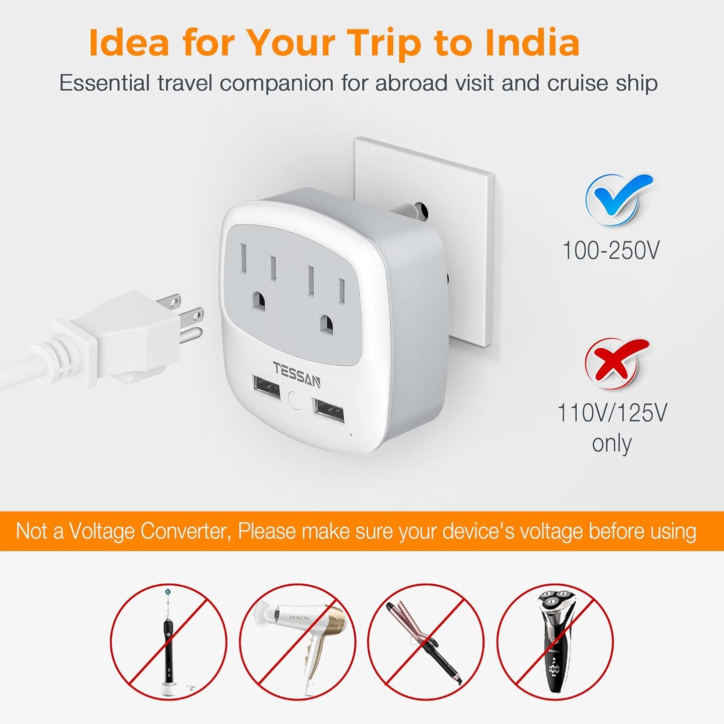 TESSAN US to India Plug Adapter, Type D Travel Adaptor with 2 USB Charger Ports 2 American Outlets, USA to Indian Power Adapter for Nepal Bangladesh Maldives Pakistan Tanzania Sri Lanka