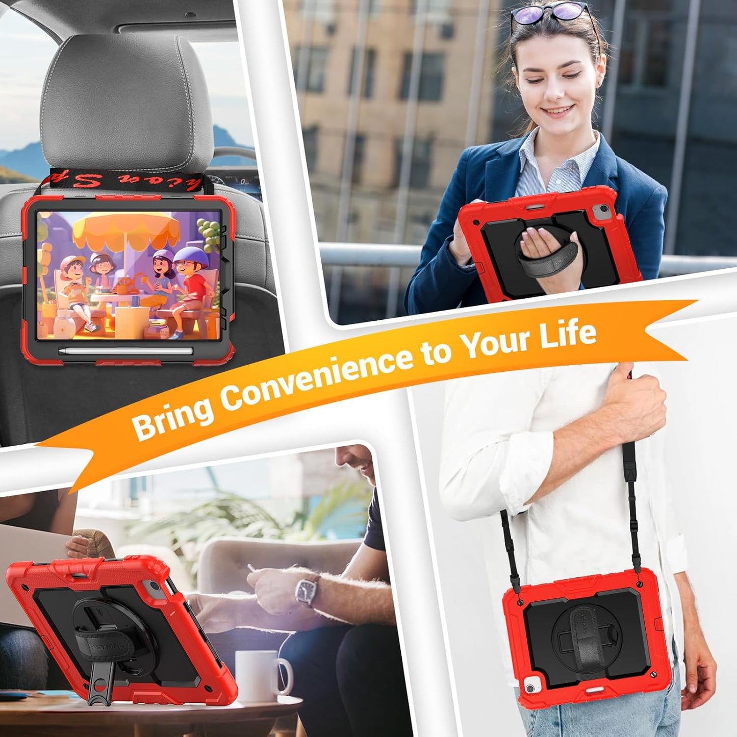 SEYMAC for iPad Air 5th/4th Generation Case 10.9 Inch, Full-Body Heavy Duty Protective Case with Rotating Stand, Screen Protector and Hand/Shoulder Strap for Air 5/ Air 4, Red