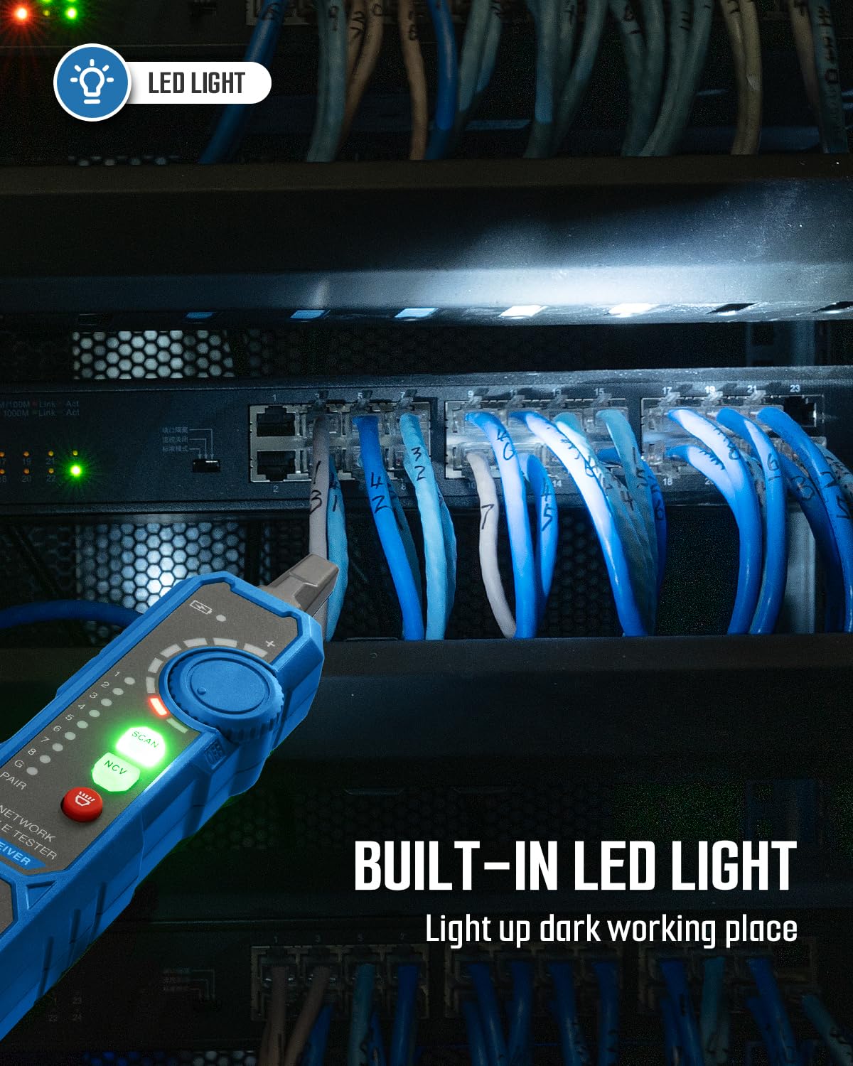 TESMEN TLP-900AR Network Cable Tester, Multi-Function Cable Tracer with Pairing, Continuity, QC&NCV, RJ11 RJ45, for CAT5/6/POE/STP, Suitable for Ethernet, Telephone, Wire Maintenance and Sorting-Blue