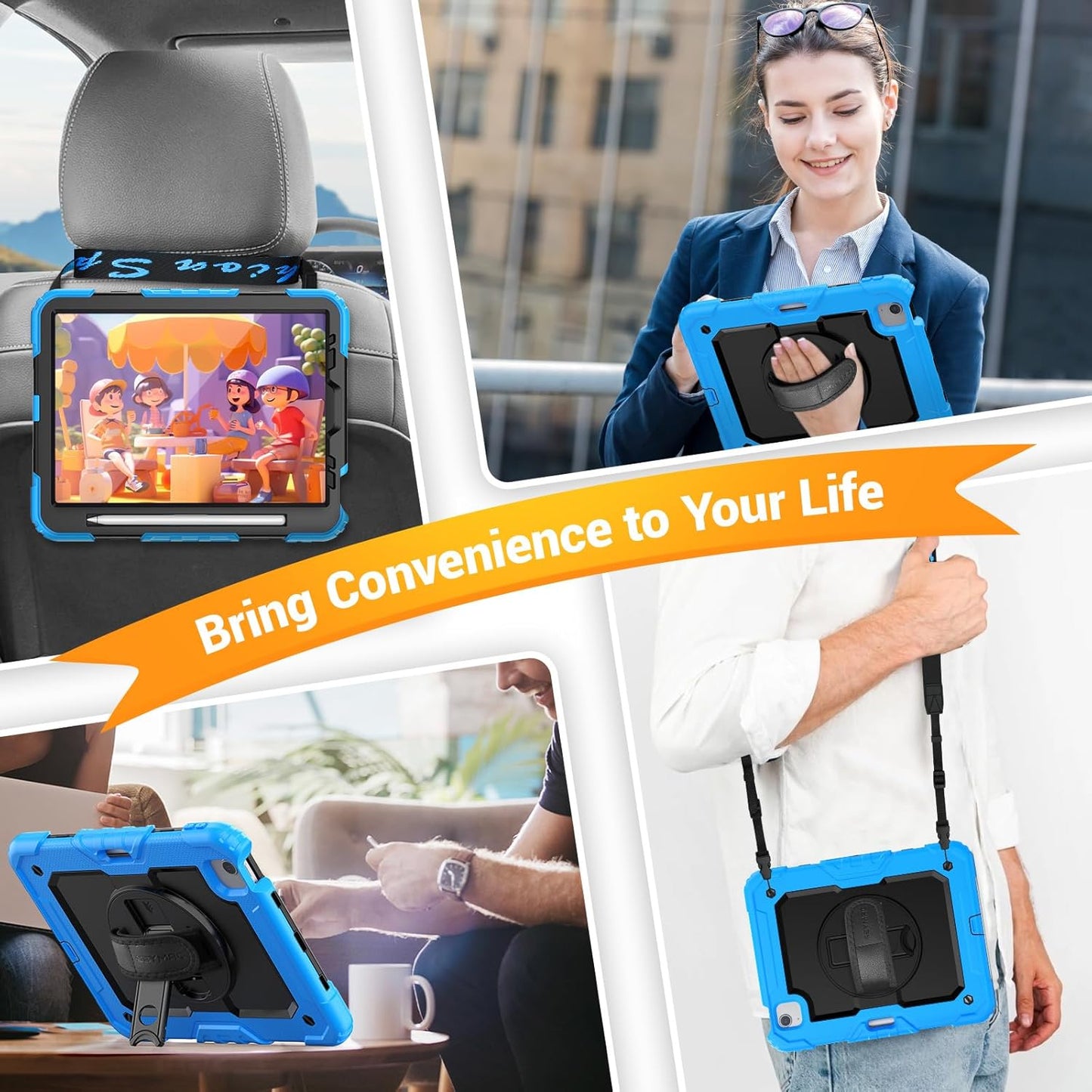 SEYMAC for iPad Air 5th/ 4th Generation Case 10.9", Full-Body Shockproof Protective Case with Screen Protector, Rotating Stand/Handle/Shoulder Strap/Pencil Holder for iPad Air 5/ Air 4, Sky Blue