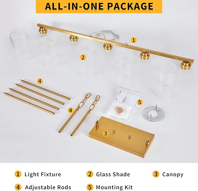 Island Light for Kitchen, Brushed Gold Dining Room Light Fixture Over Table, 5-Light Linear Chandelier Pendant Lighting for Dining Table Kitchen Island Living Room