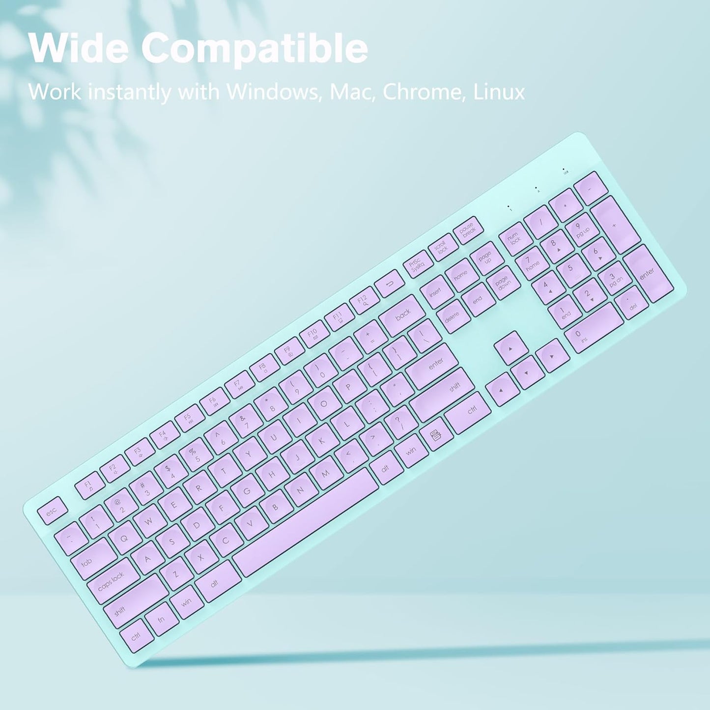 LeadsaiL Wireless Keyboard, 2.4GHz Full-Sized Ergonomic Computer Keyboard, Cordless Noiseless Keyboard,12 FN Shortcuts for Windows MacOS Laptop Computer - Purple and Mint Green