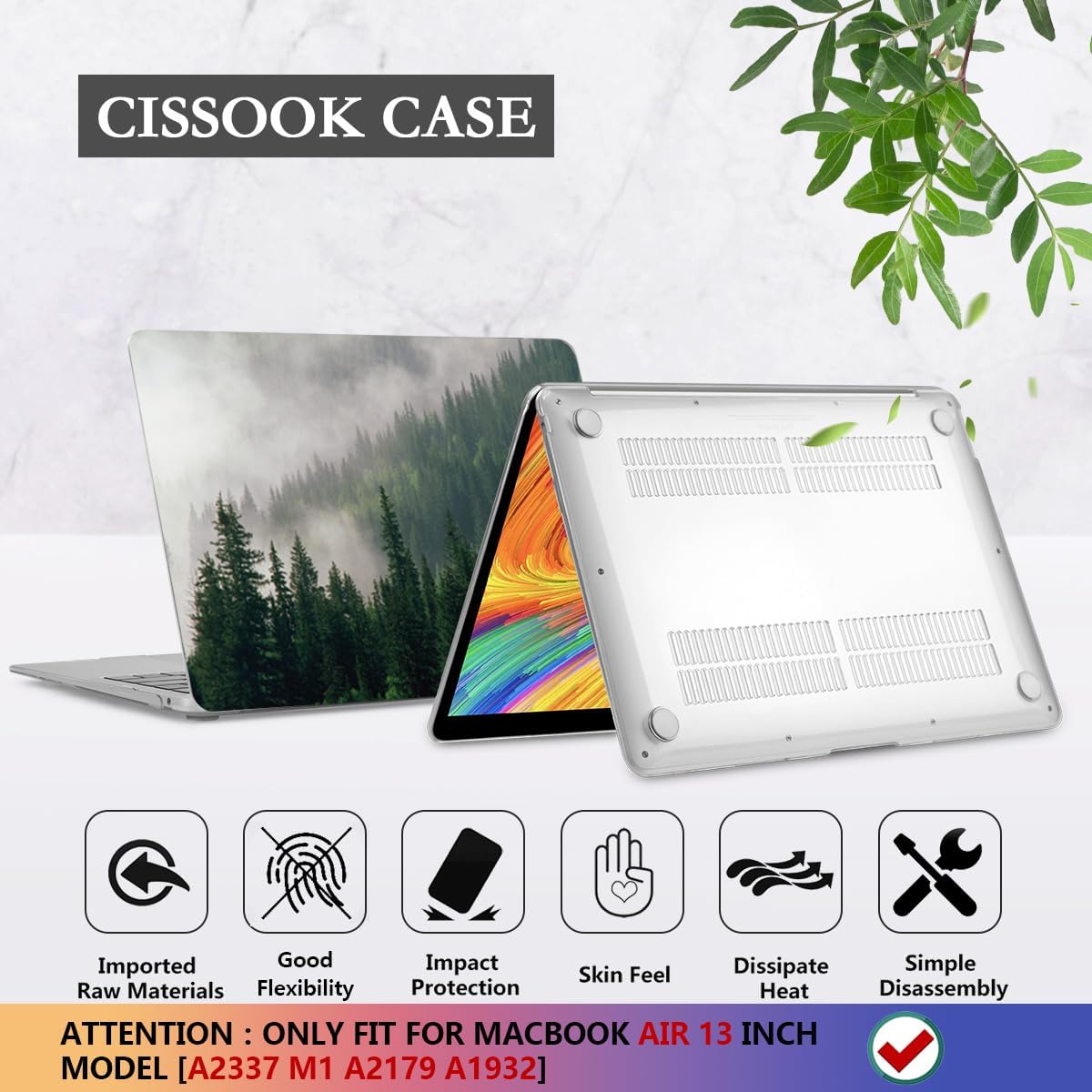 CISSOOK Compatible with MacBook Air 13 inch Case 2021 2020 2019 2018 Release A2337 M1 A2179 A1932 with Touch ID, Plastic Hard Shell Case &Keyboard Cover &Screen Protector for MacBook Air 13, Forest
