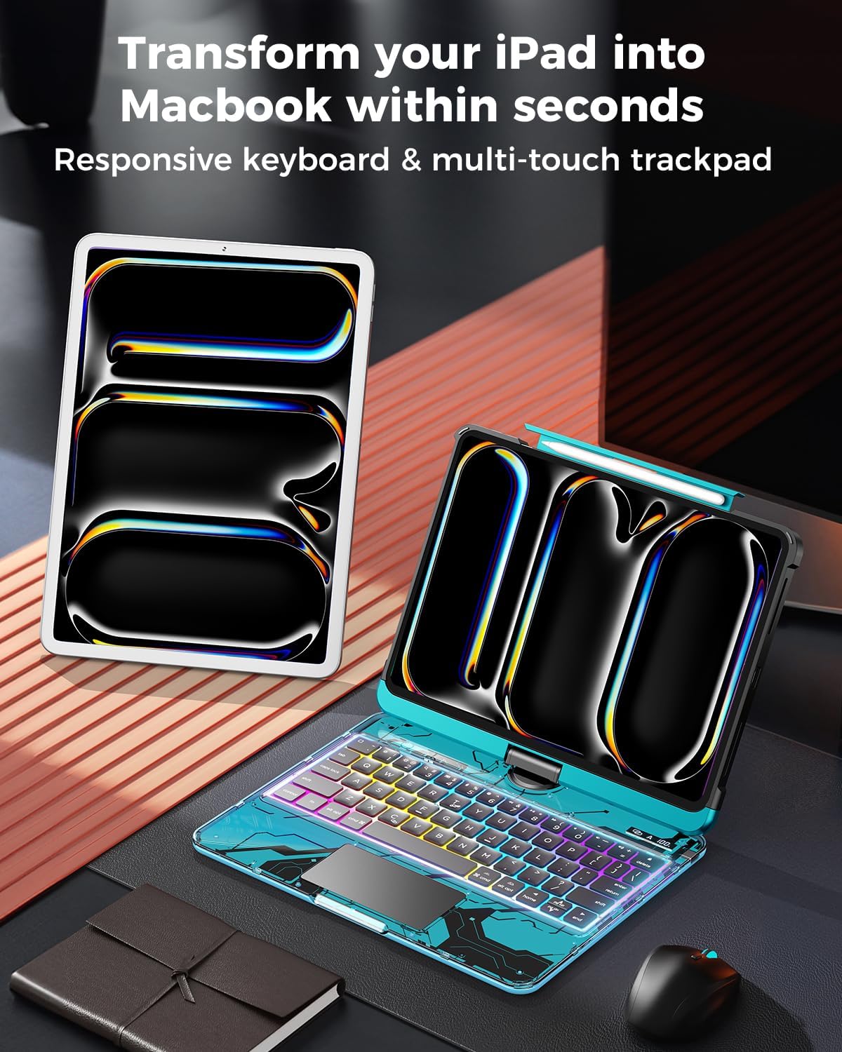 SIBEITU Keyboard Case for iPad Pro 11 Inch M5 2025 / M4 2024, Clear Wireless Keyboard iPad Pro 11inch Cover with Multi-Touch Trackpad, 7-Color Backlight & 3-Brightness, Visible PCB Tech Design, Blue